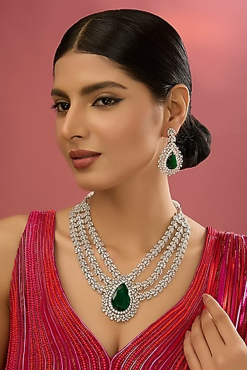 White Finish Zircon & Green Stone Necklace Set