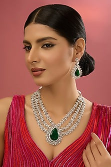 White Finish Zircon & Green Stone Necklace Set