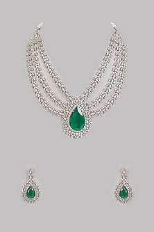 White Finish Zircon & Green Stone Necklace Set
