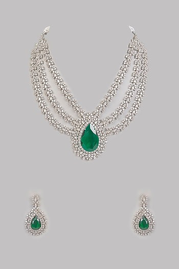 White Finish Zircon & Green Stone Necklace Set