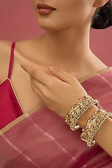 Gold Finish Pearl & Kundan Polki Bangles (Set of 2)