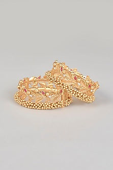 Gold Finish Pearl & Kundan Polki Bangles (Set of 2)