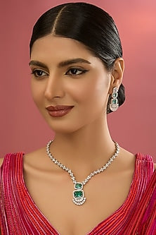 White Finish Zircon & Green Stone Necklace Set