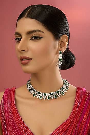 White Finish Kundan Polki & Green Stone Necklace Set