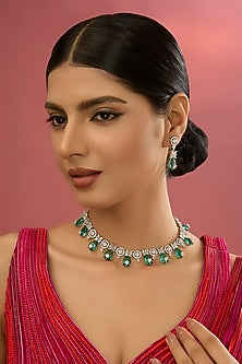 White Finish Green Pearl & Kundan Polki Necklace Set