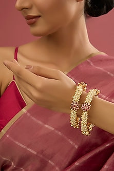 Rose Gold Finish Kundan Polki & Pearl Bangles (Set Of 2)