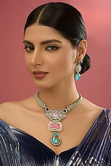 White Rhodium Finish American Diamond & Blue Zircon Necklace Set