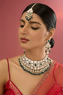 Gold Plated Green Kundan Polki & Pearl Necklace Set