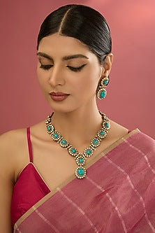 Gold Plated Kundan Polki & Green Stone Necklace Set