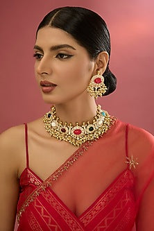 Gold Plated Kundan Polki & Multi-Colored Stone Necklace Set