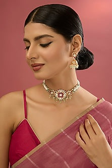 Gold Finish Kundan Polki & Pearl Beaded Necklace Set