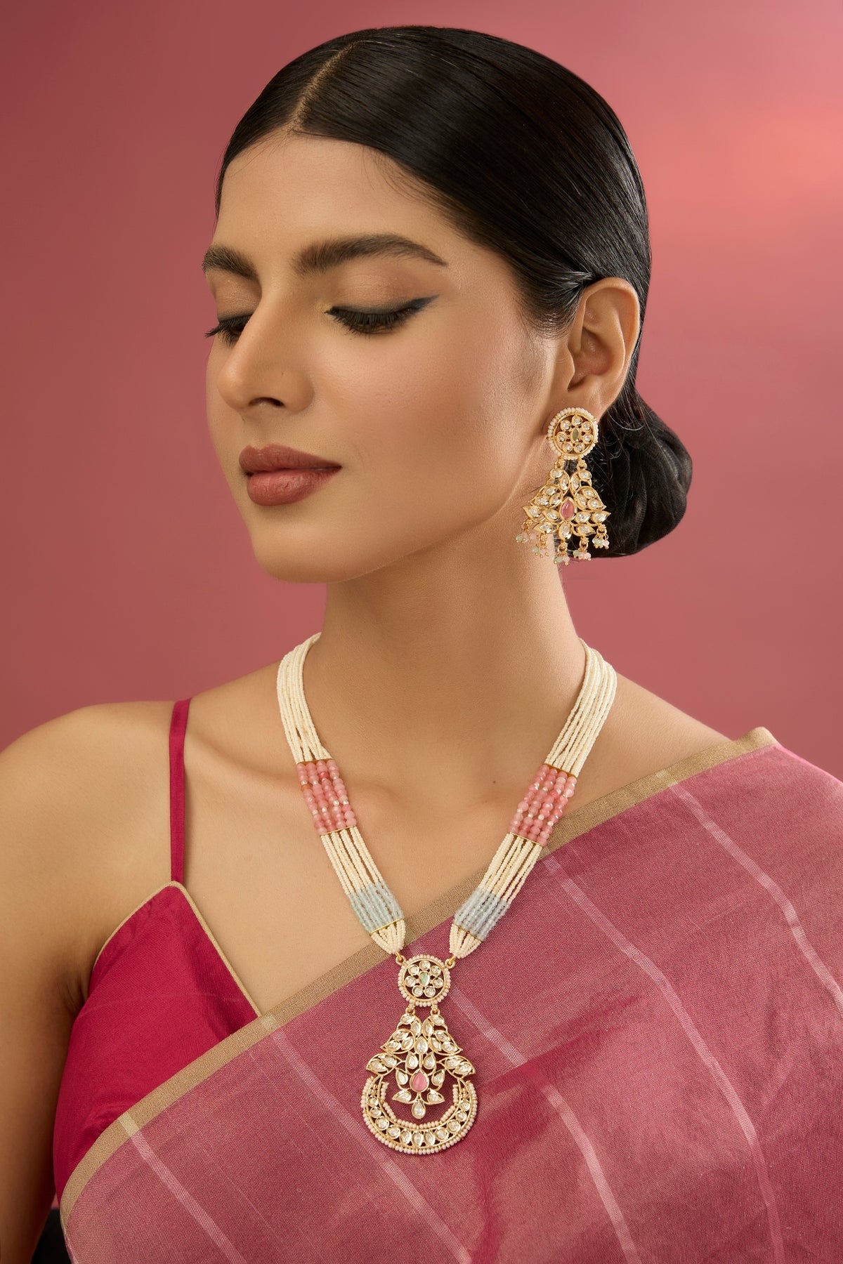 Gold Plated Kundan Polki & Pink Stone Necklace Set