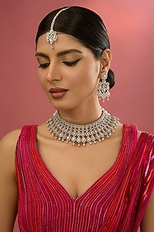White Rhodium Finish American Diamond & Zircon Necklace Set