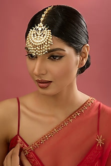 Gold Finish Kundan Polki & Pearl Maangtikka