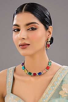 Gold Finish Kundan Polki & Multi-Colored Stone Necklace Set