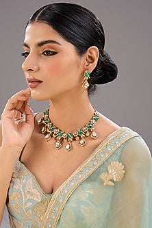 Gold Finish Kundan Polki & Green Zircon Necklace Set