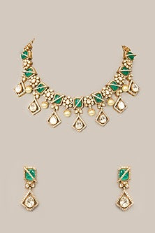 Gold Finish Kundan Polki & Green Zircon Necklace Set