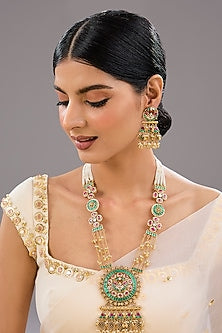 Gold Finish Kundan Polki & Green Beaded Necklace Set