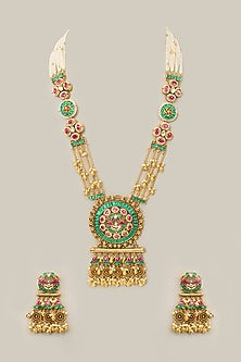 Gold Finish Kundan Polki & Green Beaded Necklace Set