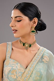 Gold Finish Green Kundan Polki & Pearl Necklace Set