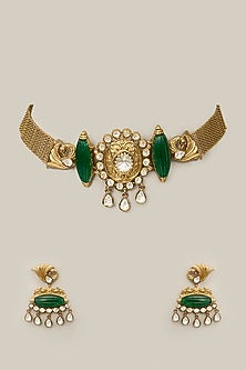 Gold Finish Green Kundan Polki & Pearl Necklace Set