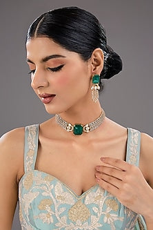Gold Plated Kundan Polki & Green Stone Handcrafted Necklace Set