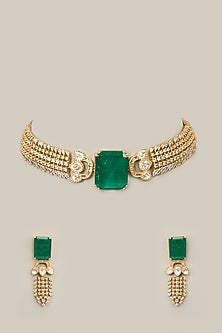 Gold Plated Kundan Polki & Green Stone Handcrafted Necklace Set