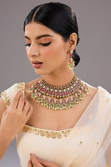 Gold Finish Multi-Colored Kundan Polki & Crystal Necklace Set
