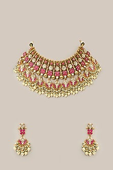 Gold Finish Multi-Colored Kundan Polki & Crystal Necklace Set