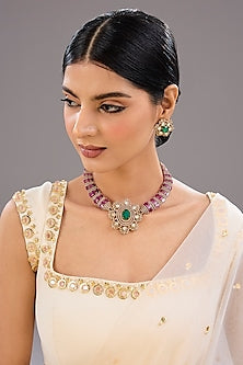 Gold Finish Purple Kundan Polki & Crystal Necklace Set