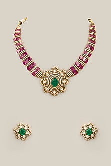 Gold Finish Purple Kundan Polki & Crystal Necklace Set