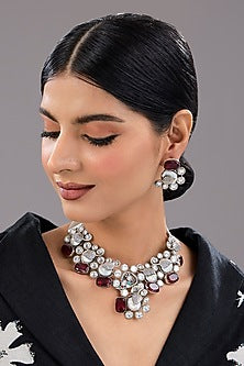White Finish Diamond & Purple Stone Necklace Set