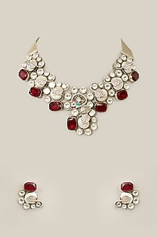 White Finish Diamond & Purple Stone Necklace Set