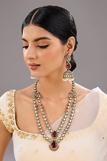 Gold Finish Pearl & Brown Stone Necklace Set