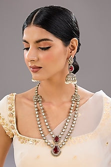 Gold Finish Pearl & Brown Stone Necklace Set