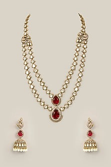 Gold Finish Pearl & Brown Stone Necklace Set