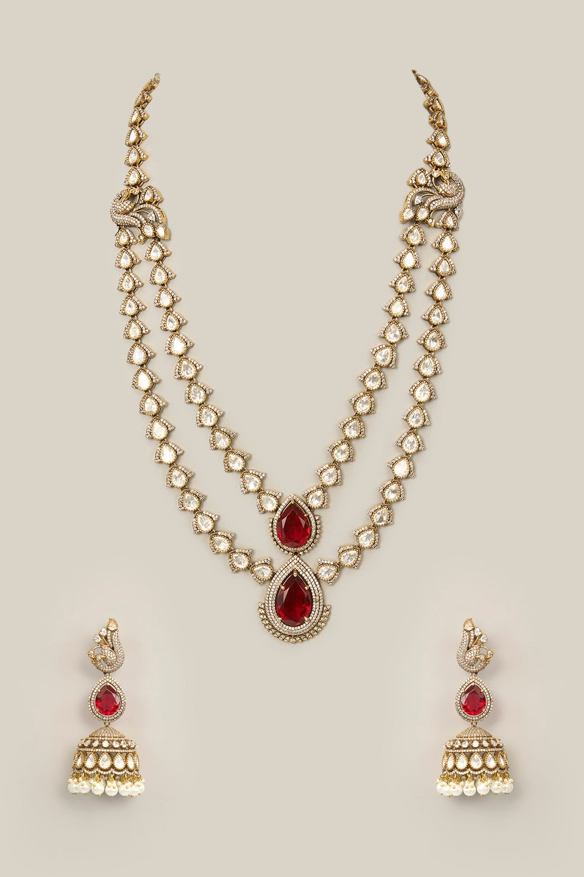 Gold Finish Pearl & Brown Stone Necklace Set