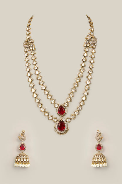 Gold Finish Pearl & Brown Stone Necklace Set
