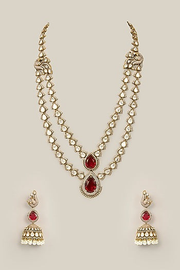Gold Finish Pearl & Brown Stone Necklace Set