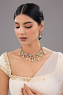 Gold Finish Kundan Polki & Green Stone Necklace Set