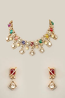 Gold Finish Kundan Polki & Green Stone Necklace Set