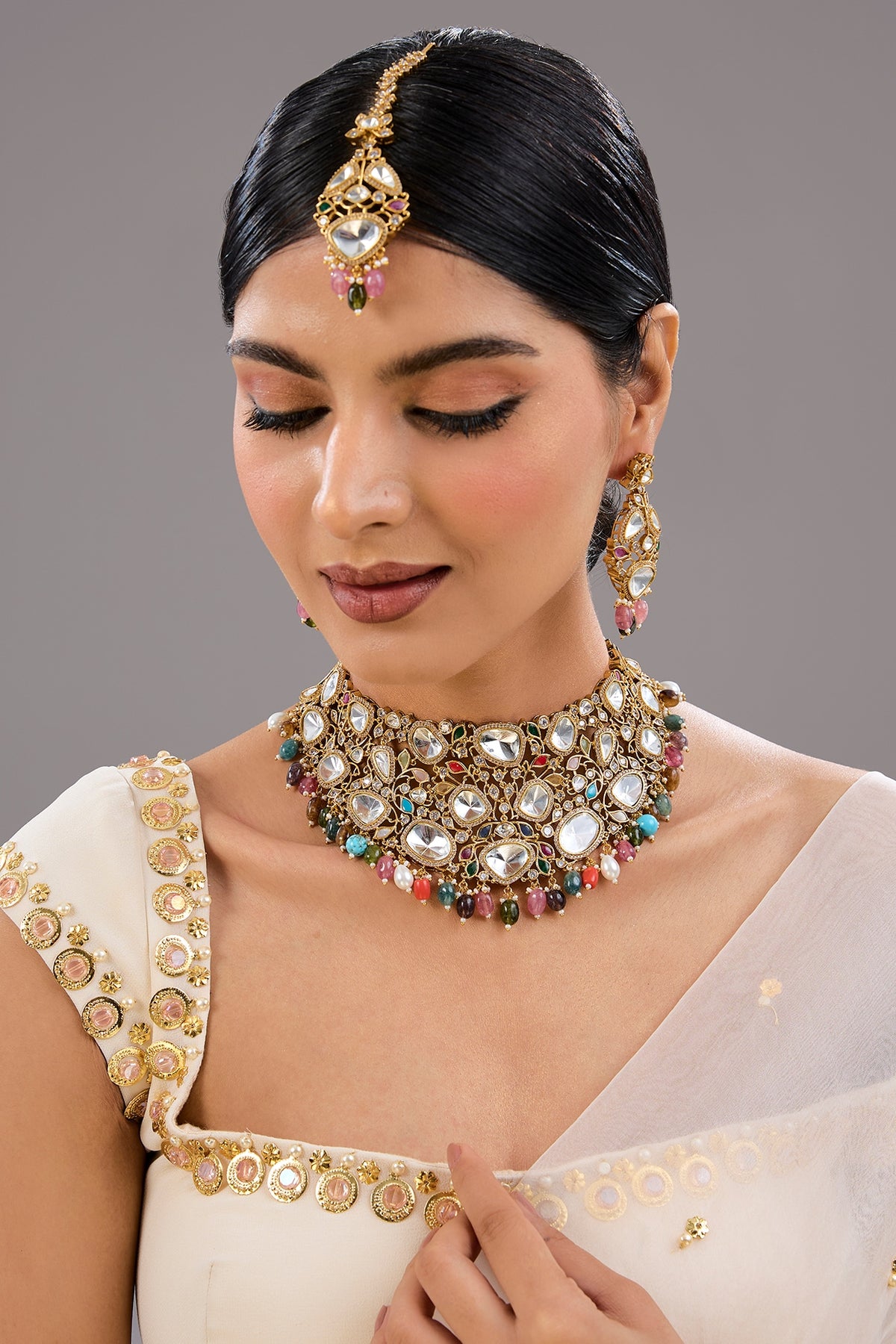 Gold Finish Zircon & Sapphire Stone Necklace Set