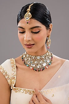 Gold Finish Zircon & Sapphire Stone Necklace Set