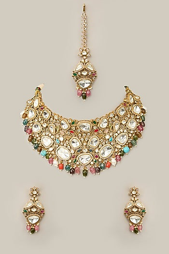 Gold Finish Zircon & Sapphire Stone Necklace Set