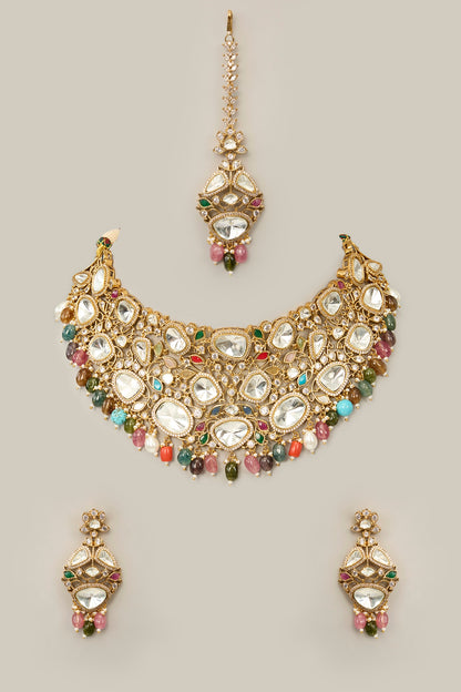 Gold Finish Zircon & Sapphire Stone Necklace Set