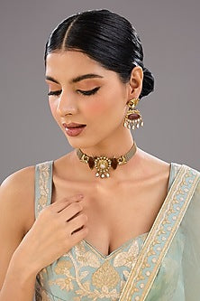 Gold Plated Kundan Polki & Brown Stone Necklace Set