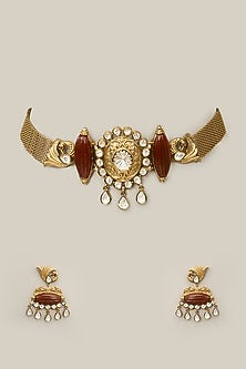 Gold Plated Kundan Polki & Brown Stone Necklace Set