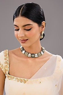 Two-Tone Finish Zircon & Green Stone Necklace Set