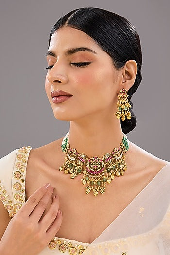 Gold Finish Green Crystal & Pearl Necklace Set