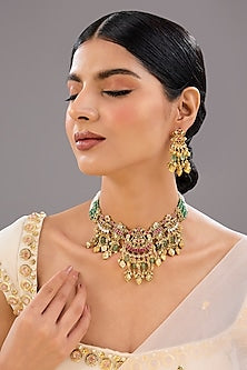 Gold Finish Green Crystal & Pearl Necklace Set